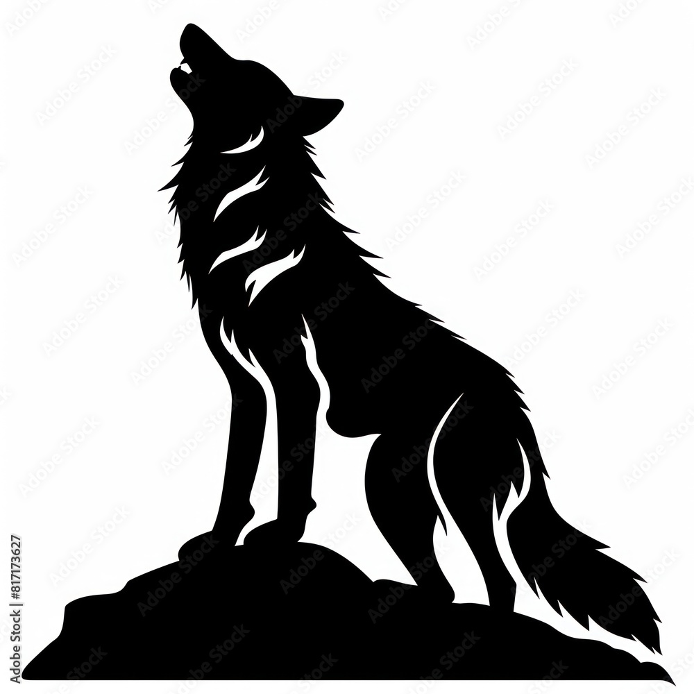 lone wolf howling illustration silhouette, logo style, black and white colors
