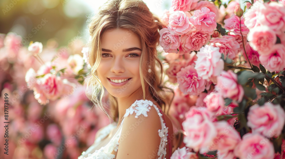 A stunning bride stands amidst a field of vibrant pink roses, showcasing her elegant beauty and the romantic setting