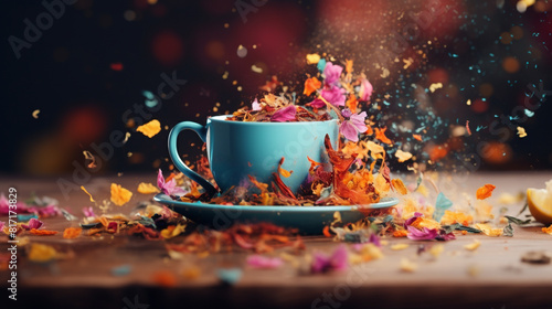 A steaming mug of herbal tea with colorful loose leaf tea scattered around it.