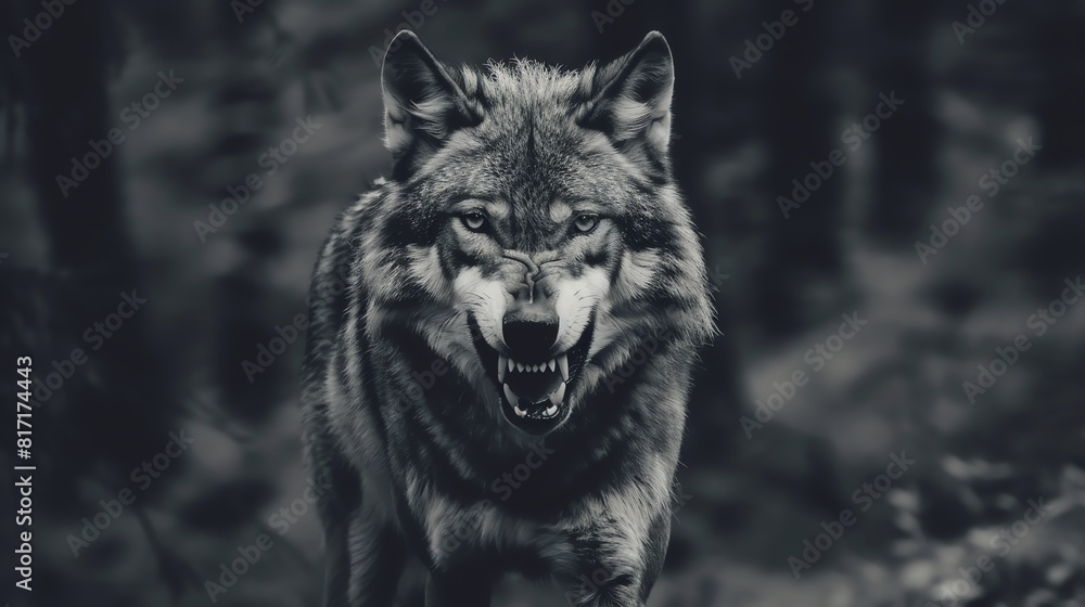 Close up shot of Angry gray wolf on blurred dark background Close up shot of Angry gray wolf on blurred dark background