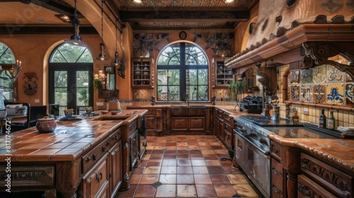 A spacious rustic kitchen featuring dark wooden cabinets, decorative tiles, arched windows, and vintage decor elements, basking in the natural sunlight.