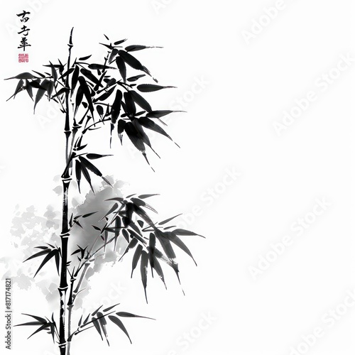bamboo illustration inspired in minimal zen ink art  white clean background  