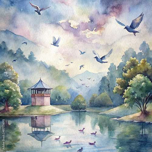 A serene watercolor landscape featuring a homing pigeon loft by a tranquil lake, with pigeons circling overhead before embarking on a race 