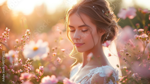 A stunning bride  dressed in a white gown  is standing gracefully in a field filled with colorful flowers on a sunny day