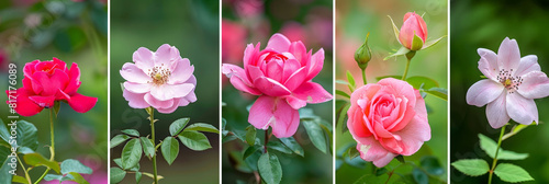 Various roses in different hues are displayed in a colorful collage
