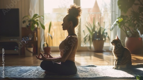 Young woman practicing yoga in her living room with her pet companion looking on
 photo