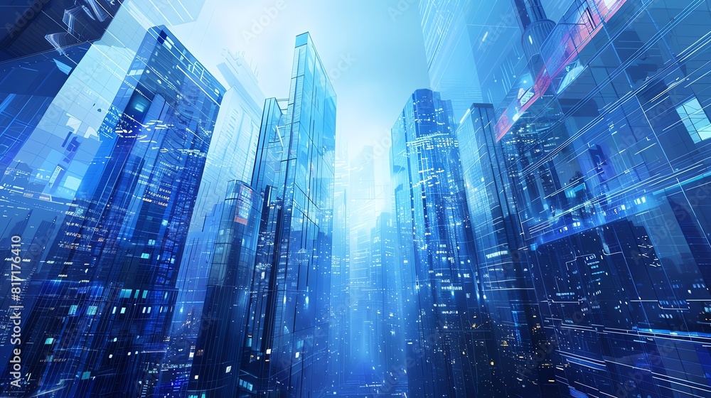 A modern metropolis with towering glass skyscrapers and holographic advertisements, SciFi, Blue tones, Digital painting, Sleek and futuristic A modern metropolis with towering glass skyscrapers and holographic advertisements, SciFi, Blue tones, Digital painting, Sleek and futuristic
