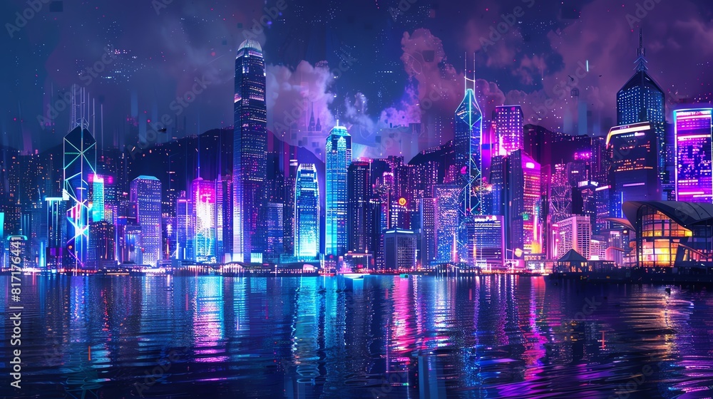 A neonlit city skyline with towering skyscrapers and a bustling waterfront market Futuristic, illustration, vivid colors