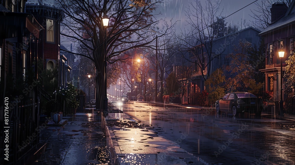 A quiet residential street at night with warm glows from windows and streetlights, Realism, Warm tones, Watercolor, Cozy and serene A quiet residential street at night with warm glows from windows and streetlights, Realism, Warm tones, Watercolor, Cozy and serene