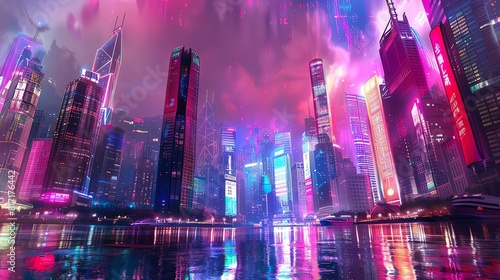A neonlit city skyline with towering skyscrapers and a bustling waterfront market Futuristic  illustration  vivid colors