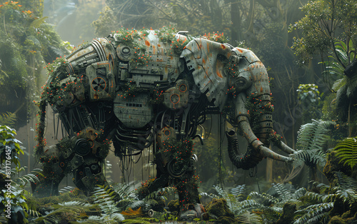 Design a surreal composition featuring a mechanical elephant roaming through a post-apocalyptic jungle