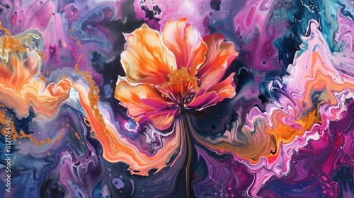 Abstract floral art, bright drawing made using liquid acrylic technique. Art of painting with liquid acrylic