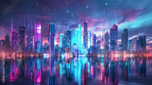 A vibrant urban skyline with dynamic holograms and neon reflections in the waterfront Hightech  illustration  vivid and bright