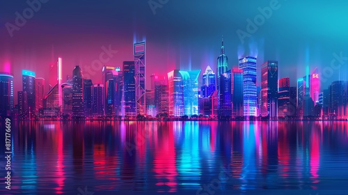 A vibrant urban skyline with dynamic holograms and neon reflections in the waterfront Hightech, illustration, vivid and bright