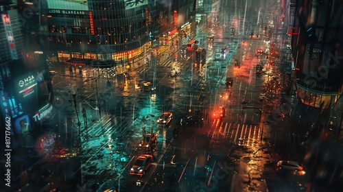 Aerial view of a bustling night city, vibrant lights reflecting on wet streets, Rainy, Realism, Cool tones, High detail photo