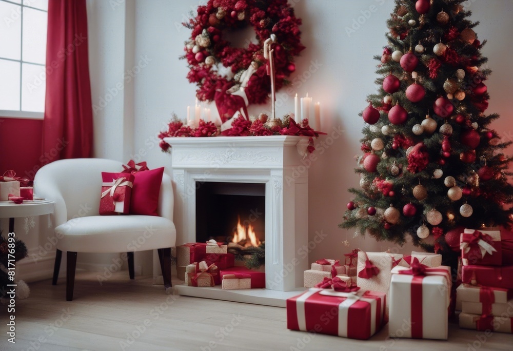 red tones boxes Year present artificial New room fireplace interior decorated White tree red tones boxes Year present artificial New room fireplace interior decorated White tree