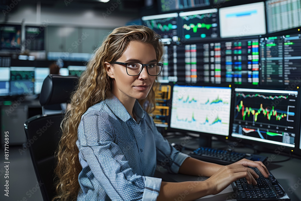 Young woman broker IT specialist at computer monitoring stock market indicators. Young woman broker IT specialist at computer monitoring stock market indicators.