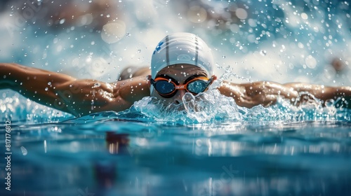 white man practicing swimming sport, person is focused and enjoying the sport, sports photography, generative ai