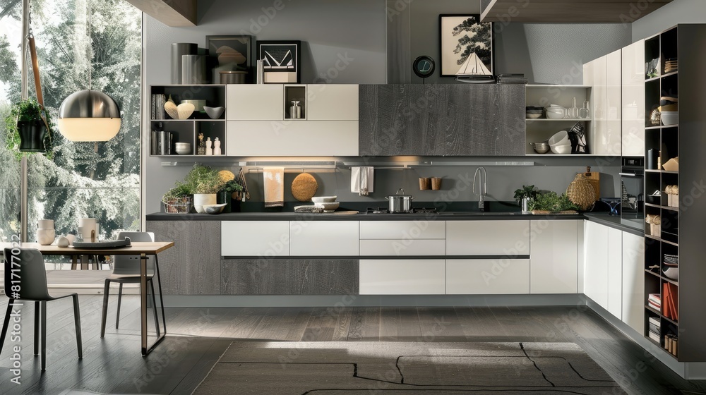 a modern kitchen, featuring an oven, a minimalist grey and white color scheme, and soft lighting, from a variety of angles to highlight its minimalist design. a modern kitchen, featuring an oven, a minimalist grey and white color scheme, and soft lighting, from a variety of angles to highlight its minimalist design.