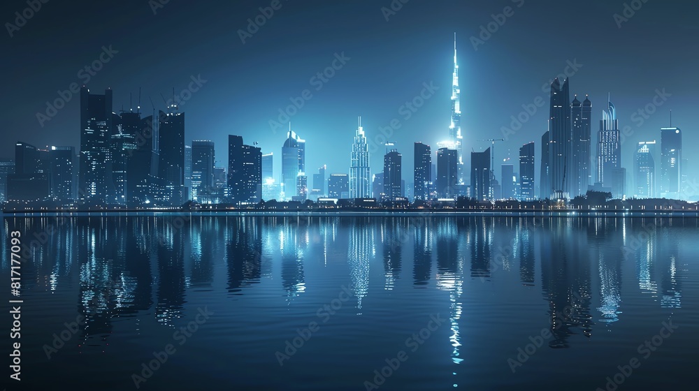 Obraz premium City skyline at night with a prominent landmark building, reflections on water, soft lighting, vintage style, high detail, calm and serene