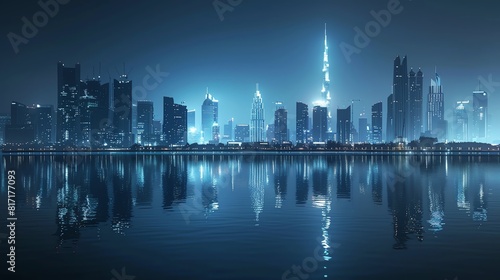 City skyline at night with a prominent landmark building  reflections on water  soft lighting  vintage style  high detail  calm and serene