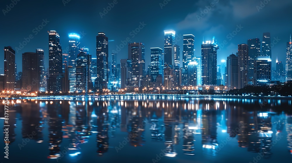 Obraz premium City skyline with a river reflecting the lights of tall buildings, Realism, Cool tones, Photography, Serene night cityscape