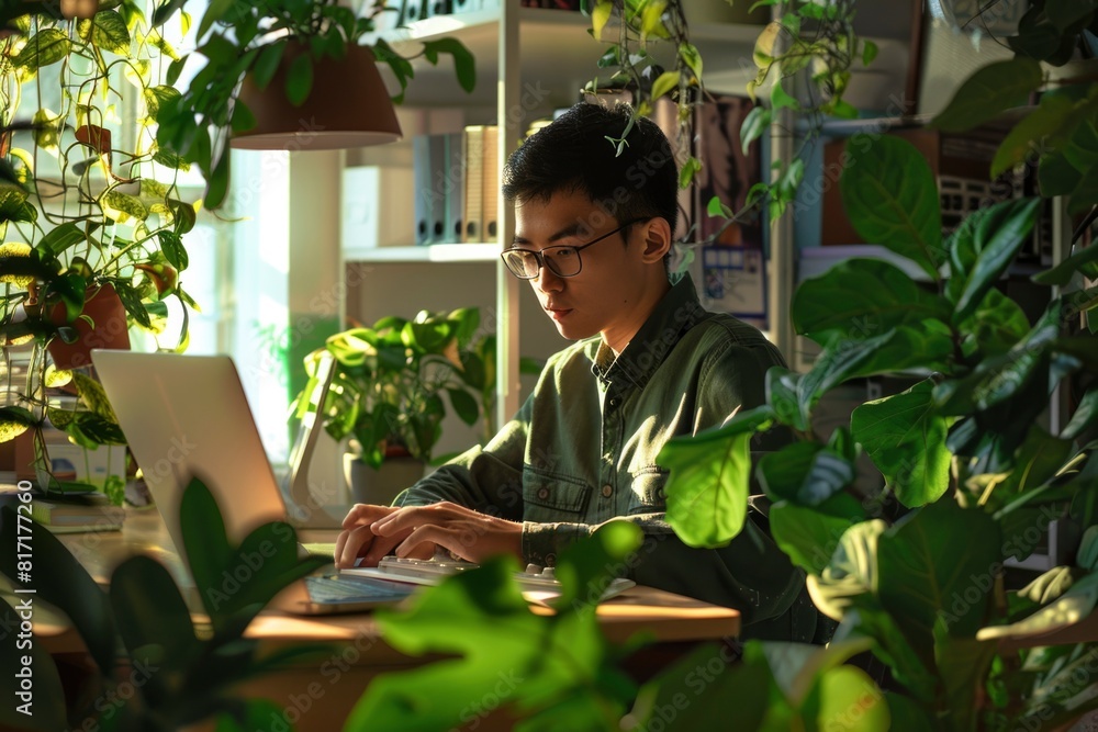 Young, Focused Man Working on Laptop Surrounded by Lush Indoor Plants Young, Focused Man Working on Laptop Surrounded by Lush Indoor Plants