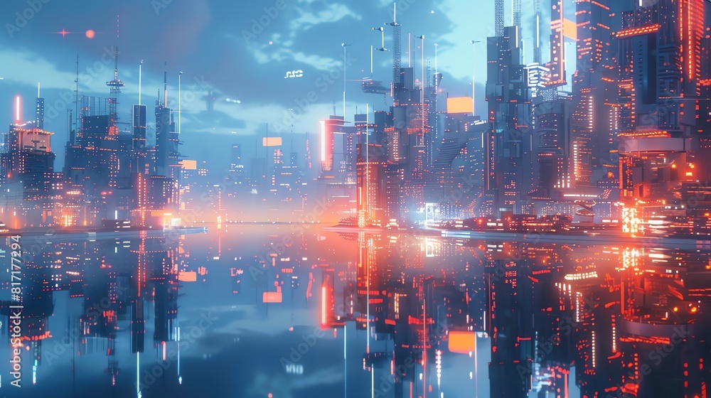 City skyline with glowing AI hubs and smart buildings, reflected in the river below Scifi, digital art, cool tones City skyline with glowing AI hubs and smart buildings, reflected in the river below Scifi, digital art, cool tones