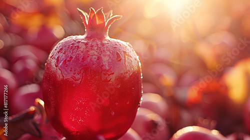 A ripe pomegranate stands in a field, illuminated by the warm glow of the sun