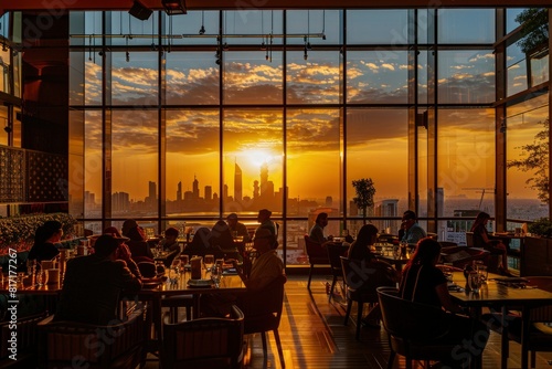 Urban Sunset Dining Experience, Silhouettes Against Cityscape Through Glass Window