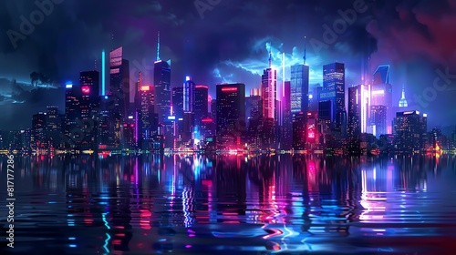 City skyline with futuristic architecture, glowing neon lights, dark sky, reflections in the water, photorealistic style, high contrast and vibrant