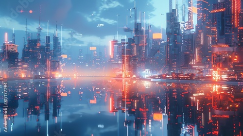 City skyline with glowing AI hubs and smart buildings  reflected in the river below Scifi  digital art  cool tones