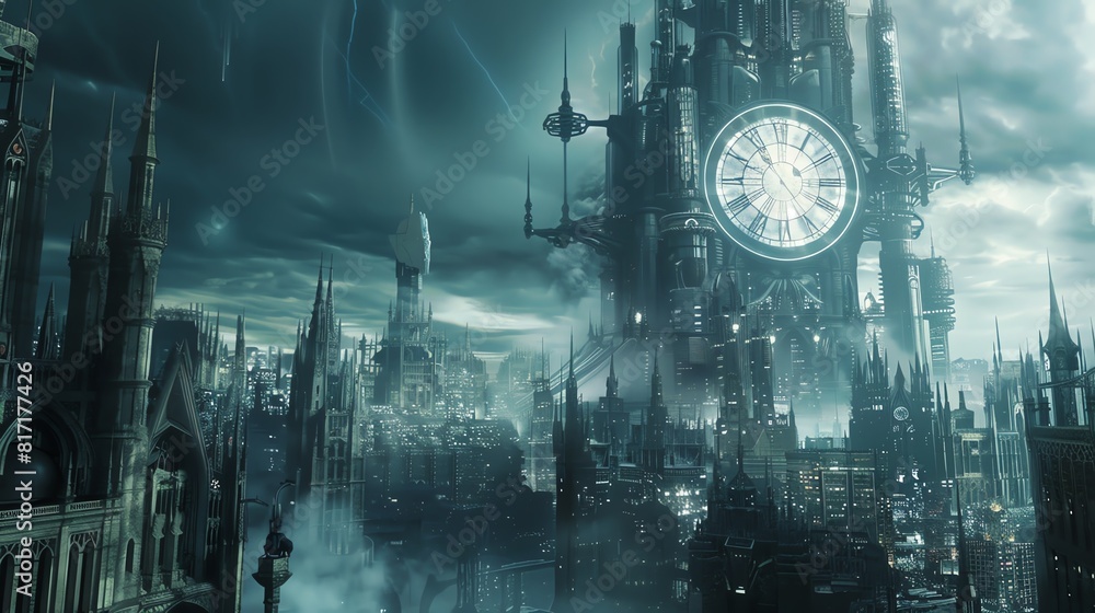 Cityscape with a giant digital clock tower, futuristic and imposing, scifi, metallic tones Cityscape with a giant digital clock tower, futuristic and imposing, scifi, metallic tones