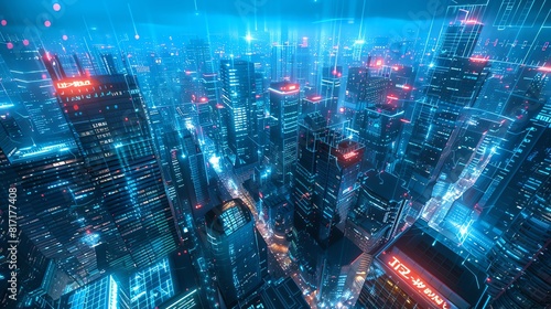 Cityscape from a high vantage point, glowing buildings with augmented reality displays overlaying the scene, high tech atmosphere, AIenhanced, Neon © Pikul