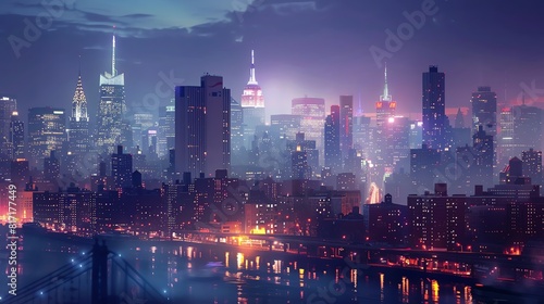 Cityscape with historical landmarks illuminated by modern lights  Night  Realism  Soft colors  Digital art  Timeless contrast