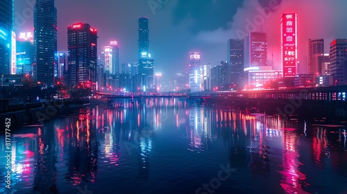 Cityscape with a river reflecting neon lights, Night, Realism, Multicolor, Photography, Calm and serene © Pikul