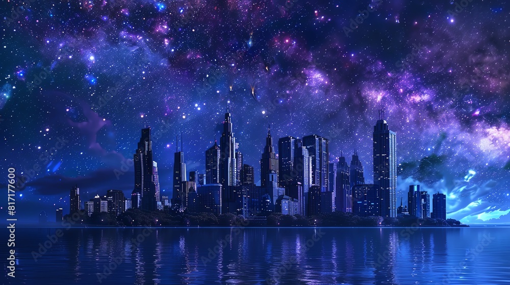 Fantasy city skyline with castles and modern skyscrapers by the waterfront, under a starry night sky Fantasy, illustration, deep blues and purples Fantasy city skyline with castles and modern skyscrapers by the waterfront, under a starry night sky Fantasy, illustration, deep blues and purples