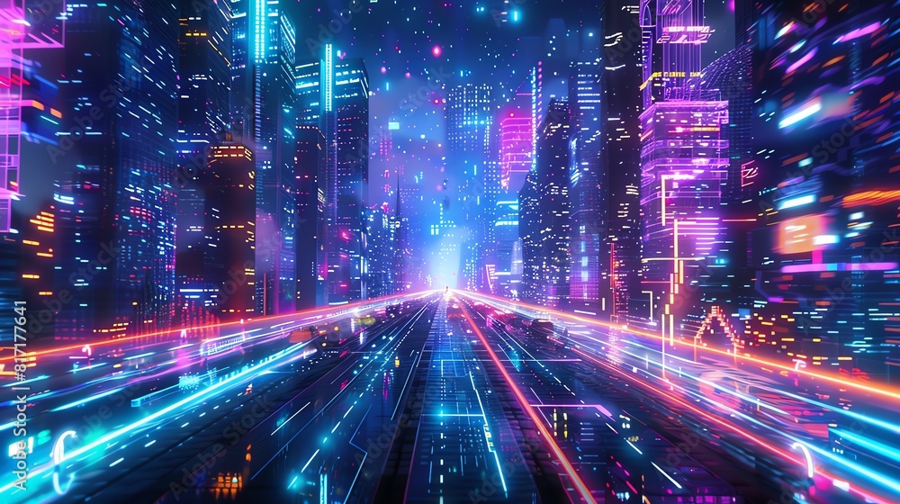 Futuristic city at night, glowing pathways and digital billboards, AIcontrolled traffic, Cyberpunk, Neon, 3D
