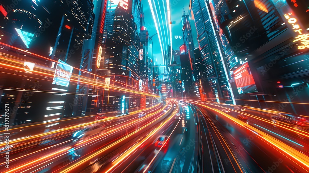 Futuristic city with light trails from flying cars and holographic billboards, Scifi, Neon, Illustration, Detailed Futuristic city with light trails from flying cars and holographic billboards, Scifi, Neon, Illustration, Detailed