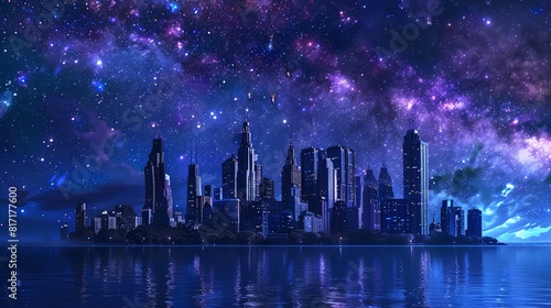 Fantasy city skyline with castles and modern skyscrapers by the waterfront  under a starry night sky Fantasy  illustration  deep blues and purples