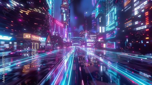 Futuristic city at night  glowing pathways and digital billboards  AIcontrolled traffic  Cyberpunk  Neon  3D