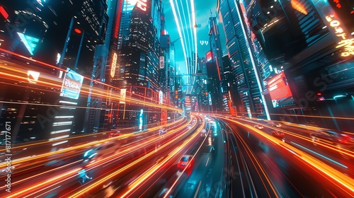 Futuristic city with light trails from flying cars and holographic billboards  Scifi  Neon  Illustration  Detailed