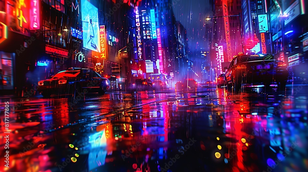 Glowing cityscape in the rain, reflections on wet streets, neon noir, dark and vibrant, digital art Glowing cityscape in the rain, reflections on wet streets, neon noir, dark and vibrant, digital art