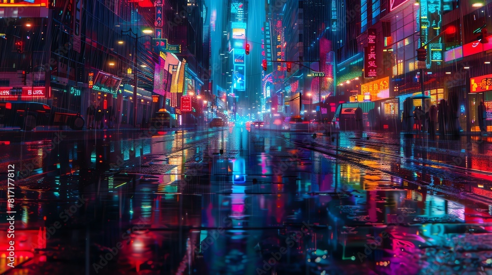 Naklejka premium Glowing cityscape in the rain, reflections on wet streets, neon noir, dark and vibrant, digital art