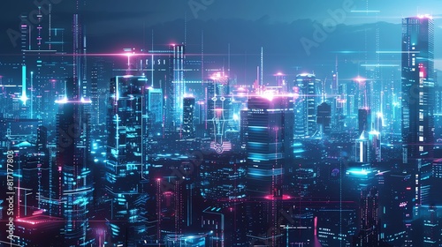 Futuristic urban skyline with digital holograms, advanced technology, bright and clean, vector art