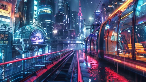 Highdensity urban area with futuristic public transportation  glowing pathways  night sky  cyberpunk aesthetic  illustration  high energy and detail