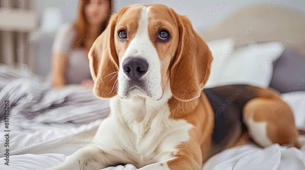 Peaceful Paws: Beagle Resting on White Bed With Distant Woman Peaceful Paws: Beagle Resting on White Bed With Distant Woman