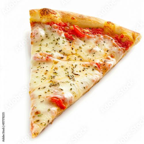 Pizza slice isolated on white background, online delivery from pizzeria, take away and fast food concept photo