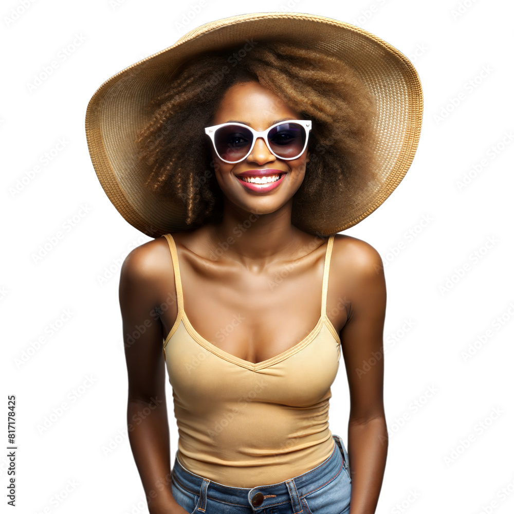 Afro-American Woman Wearing Sunglasses and Straw Hat Afro-American Woman Wearing Sunglasses and Straw Hat