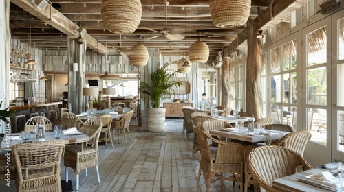 A beachside restaurant features wicker chairs, wooden tables, and hanging lights, creating a cozy atmosphere. Large windows allow daylight to illuminate the space, highlighting its natural decor.